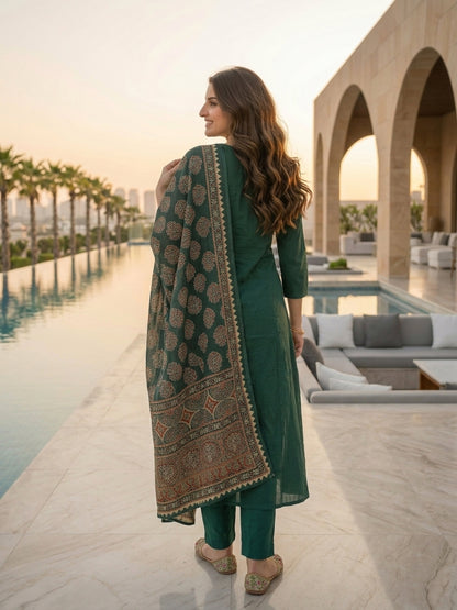 Green Ethnic Embroidered Solid Straight Kurta with Pant & Printed Dupatta