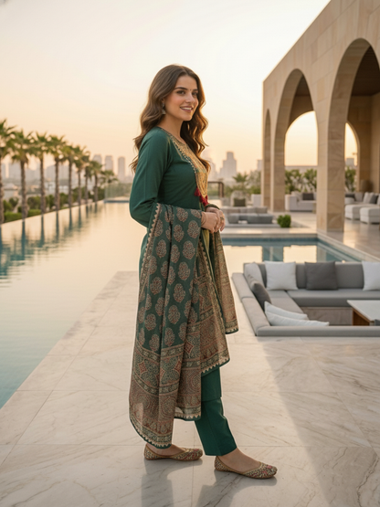 Green Ethnic Embroidered Solid Straight Kurta with Pant & Printed Dupatta