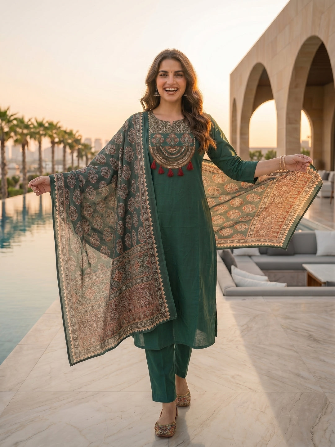 Green Ethnic Embroidered Solid Straight Kurta with Pant & Printed Dupatta
