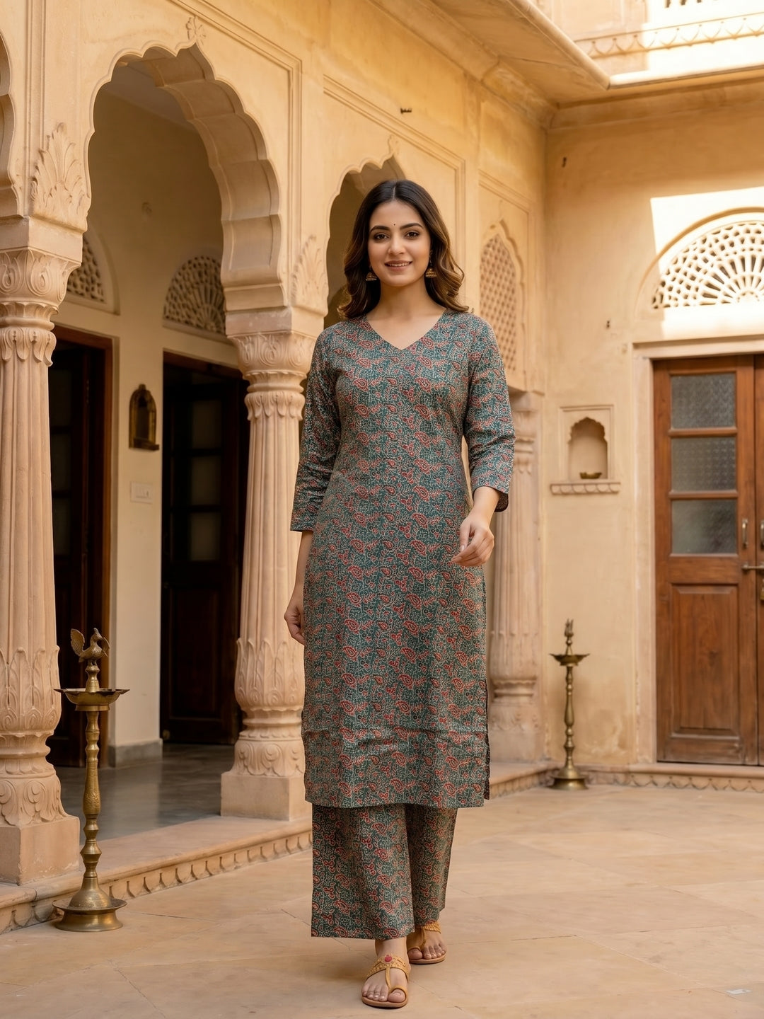 Teal Ajrakh-Inspired Jaal Printed Straight Kurta with Palazzo
