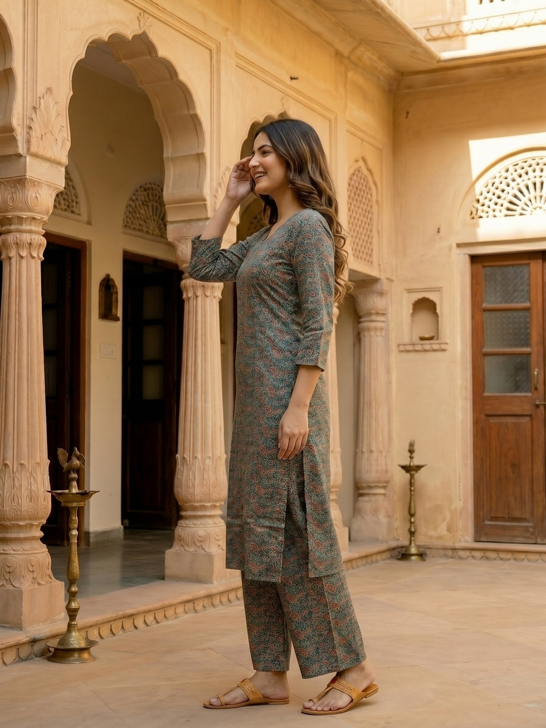 Teal Ajrakh-Inspired Jaal Printed Straight Kurta with Palazzo