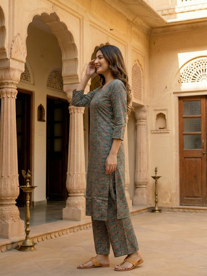 Teal Ajrakh-Inspired Jaal Printed Straight Kurta with Palazzo