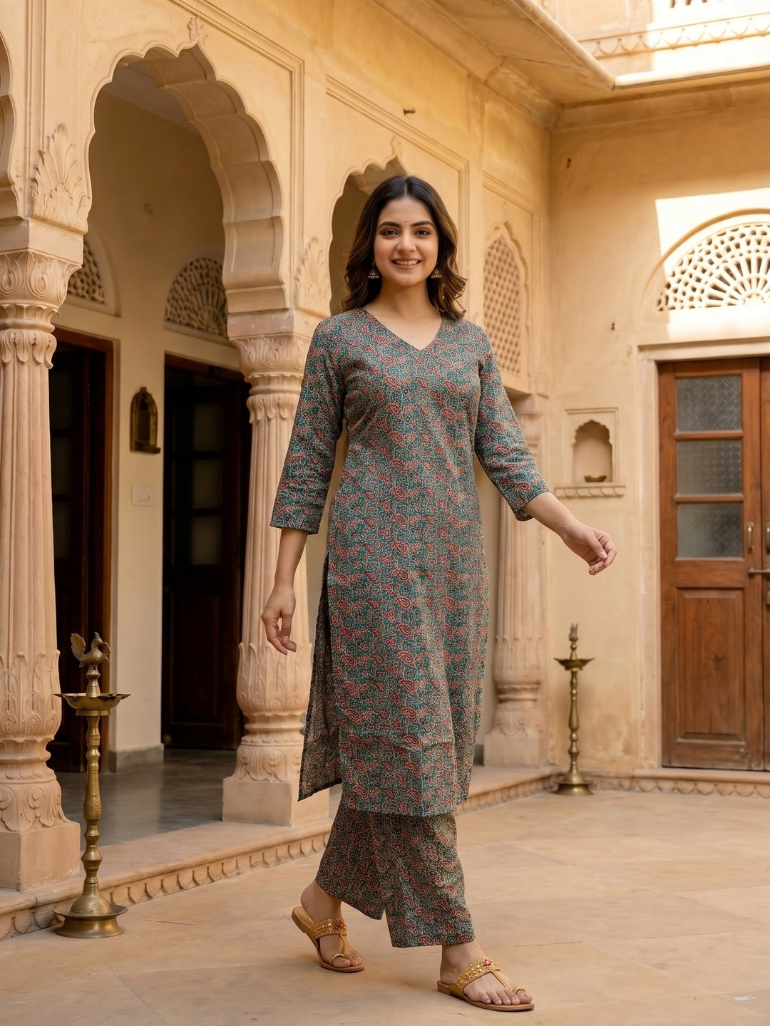 Teal Ajrakh-Inspired Jaal Printed Straight Kurta with Palazzo