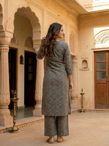 Teal Ajrakh-Inspired Jaal Printed Straight Kurta with Palazzo