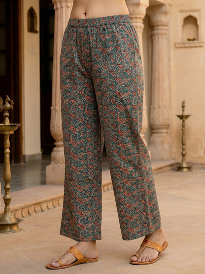 Teal Ajrakh-Inspired Jaal Printed Straight Kurta with Palazzo