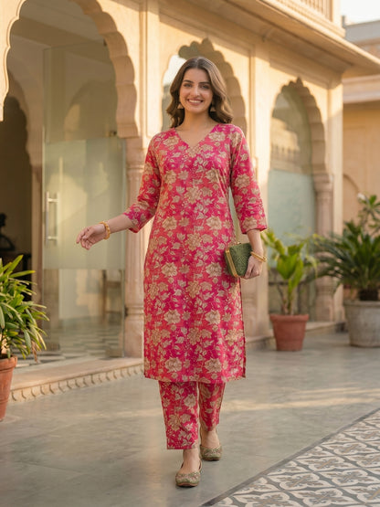 Pink Floral Printed Straight Kurta with Palazzo