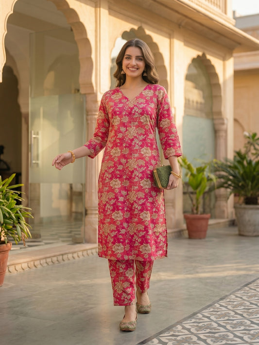 Pink Floral Printed Straight Kurta with Palazzo