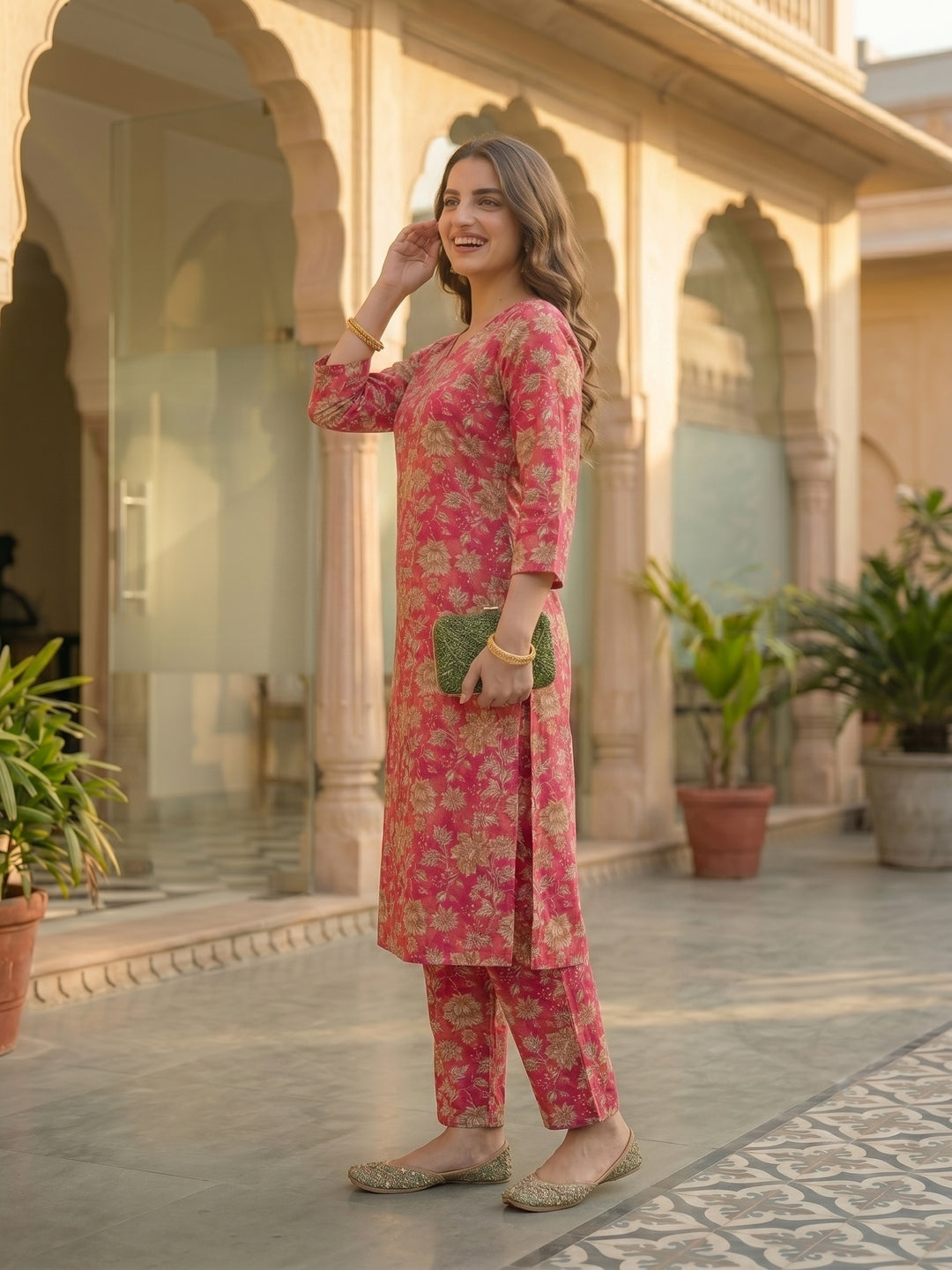 Pink Floral Printed Straight Kurta with Palazzo