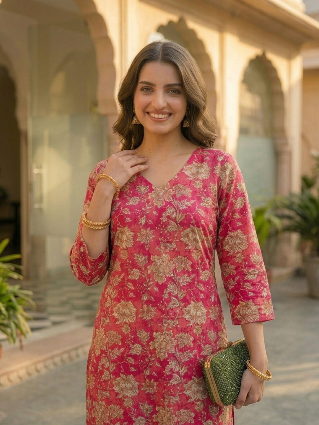 Pink Floral Printed Straight Kurta with Palazzo