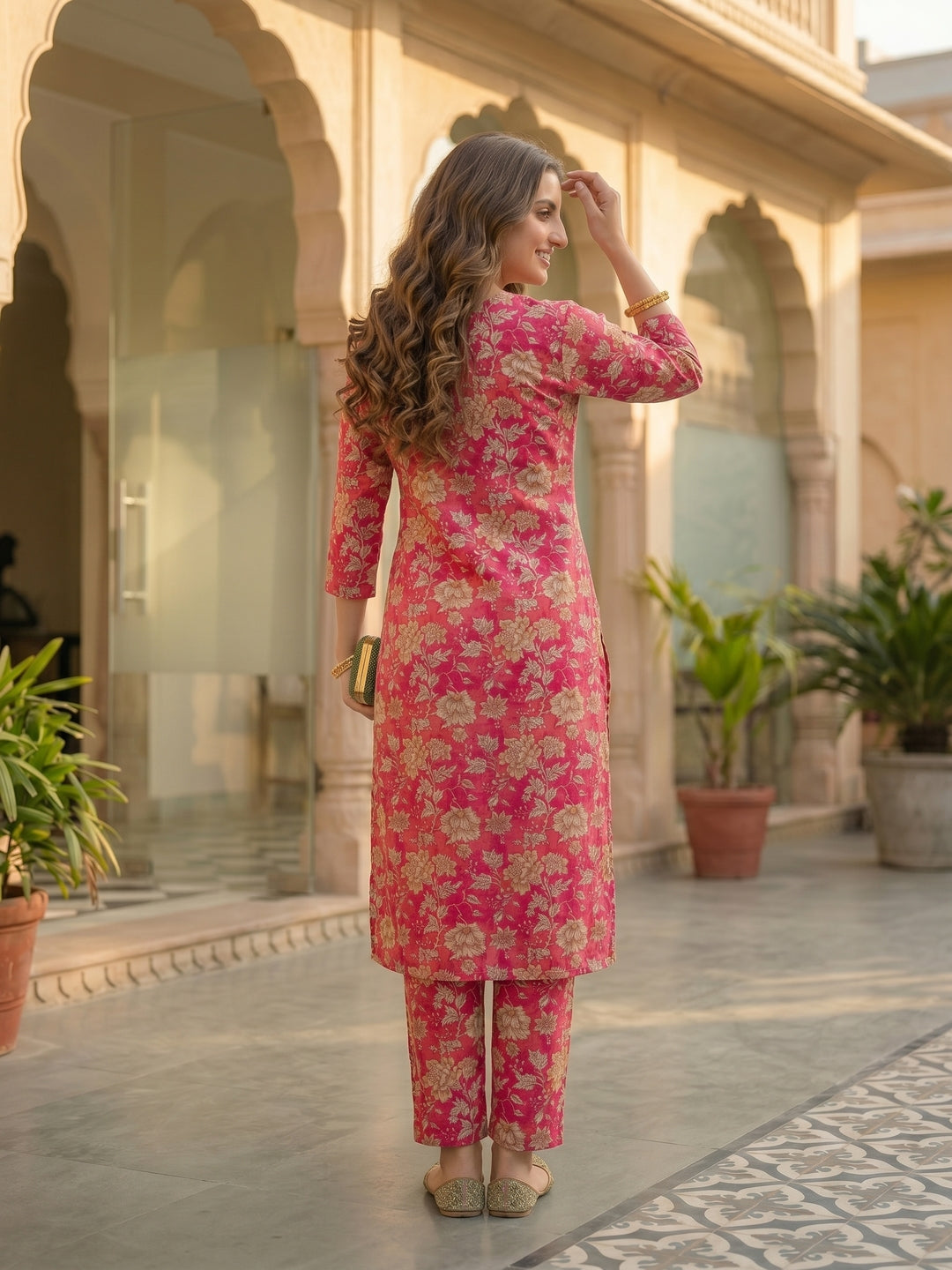 Pink Floral Printed Straight Kurta with Palazzo