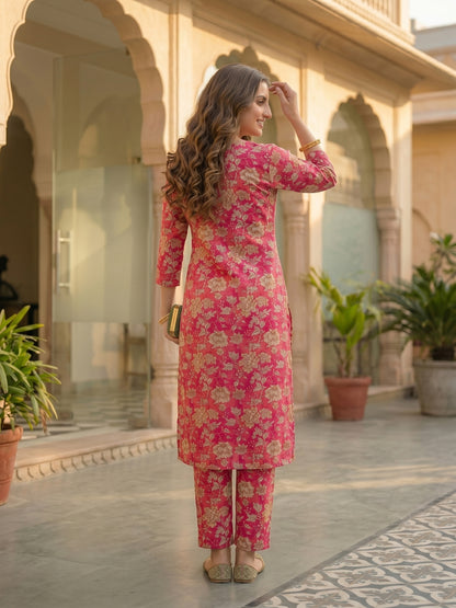 Pink Floral Printed Straight Kurta with Palazzo