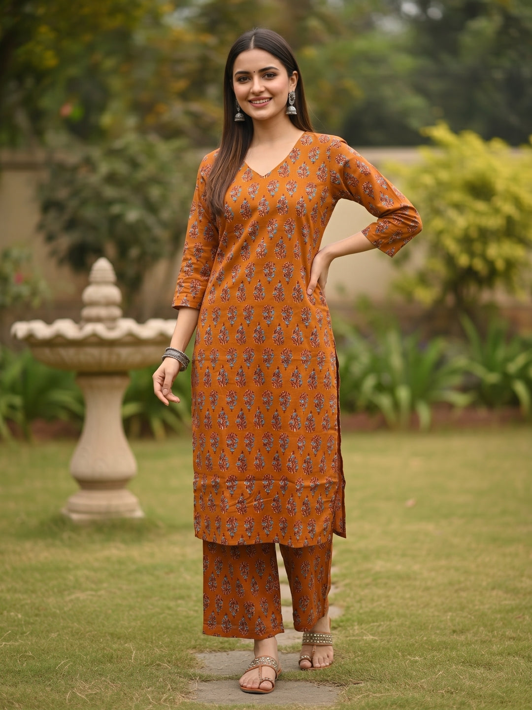 Rust Orange Floral Buta Printed Straight Kurta Set with Straight Pant