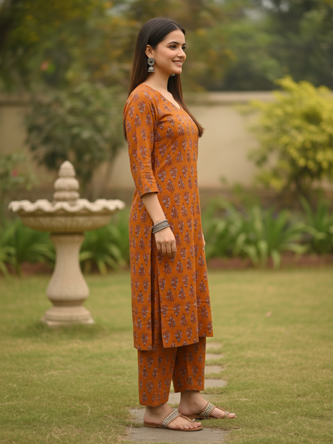 Rust Orange Floral Buta Printed Straight Kurta Set with Straight Pant