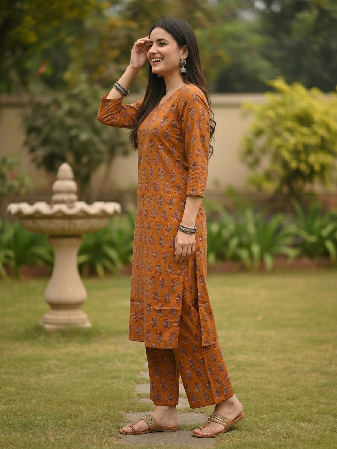 Rust Orange Floral Buta Printed Straight Kurta Set with Straight Pant
