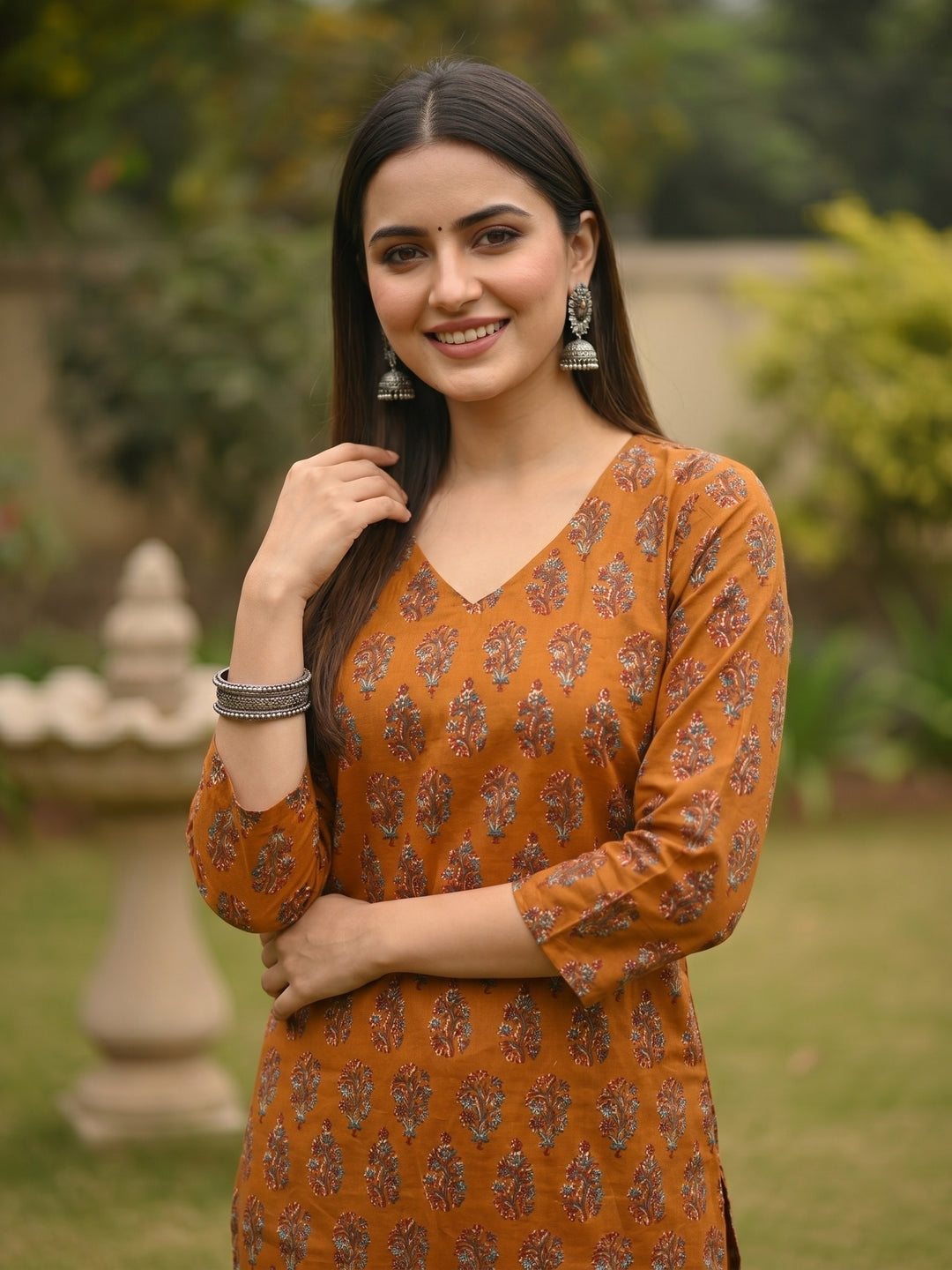 Rust Orange Floral Buta Printed Straight Kurta Set with Straight Pant