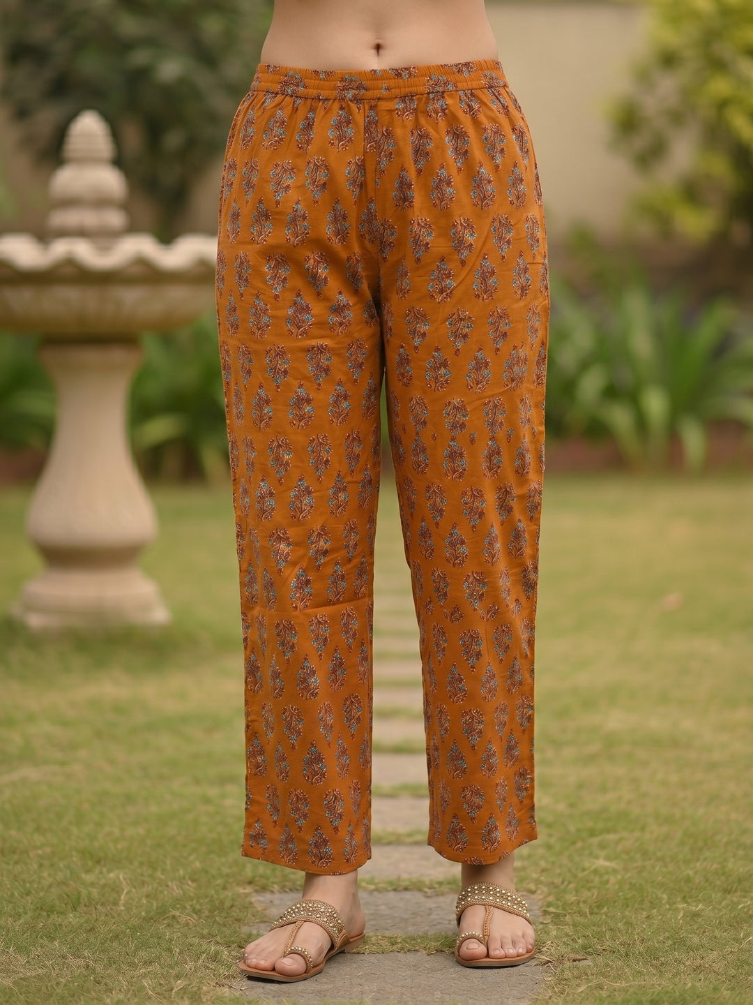 Rust Orange Floral Buta Printed Straight Kurta Set with Straight Pant