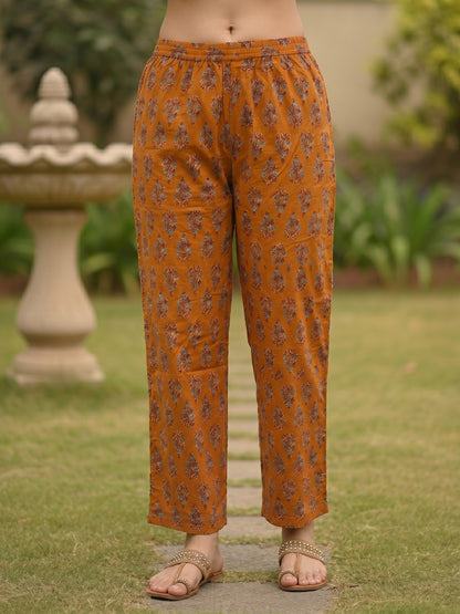 Rust Orange Floral Buta Printed Straight Kurta Set with Straight Pant
