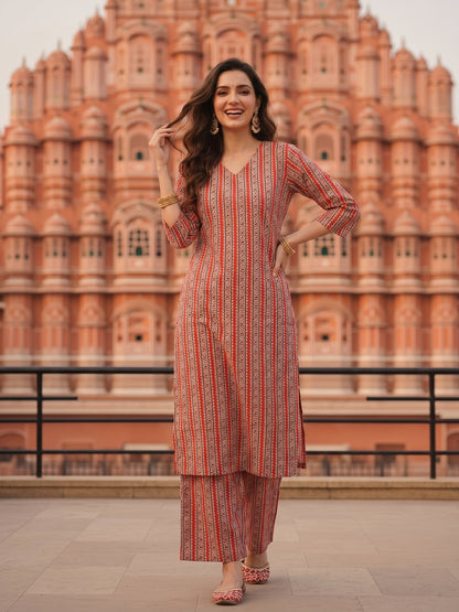 Peach Ethnic Border Printed Straight Kurta with Palazzo