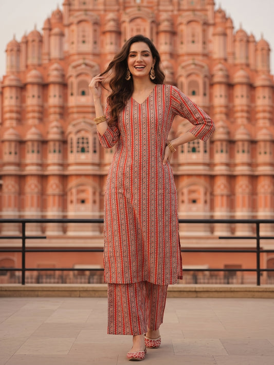 Peach Ethnic Border Printed Straight Kurta with Palazzo