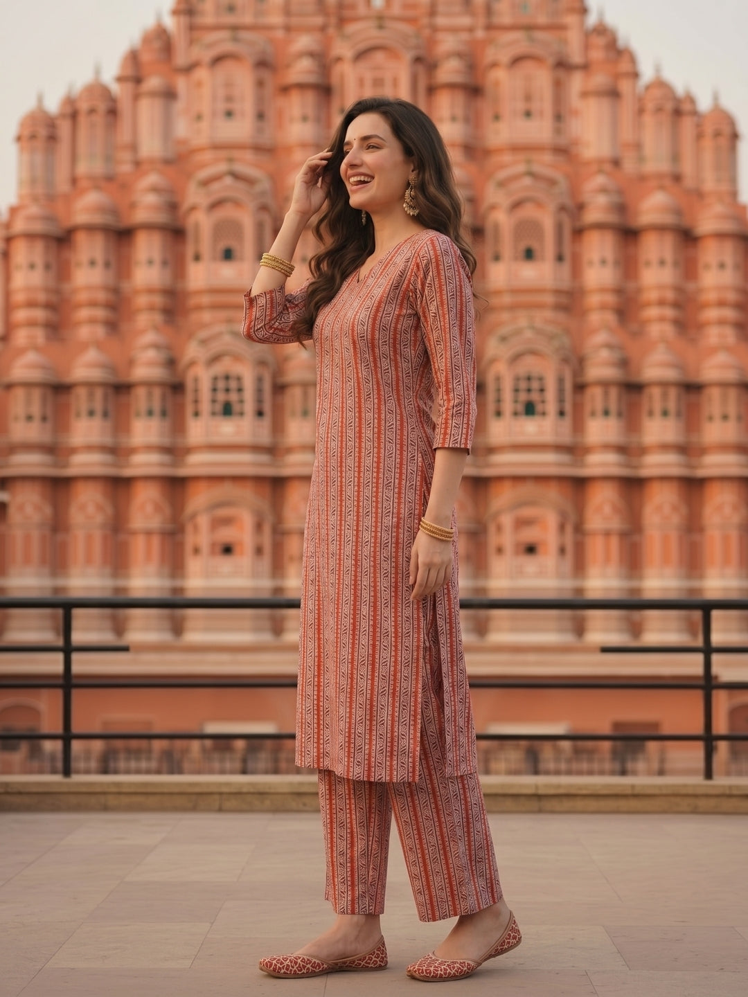 Peach Ethnic Border Printed Straight Kurta with Palazzo