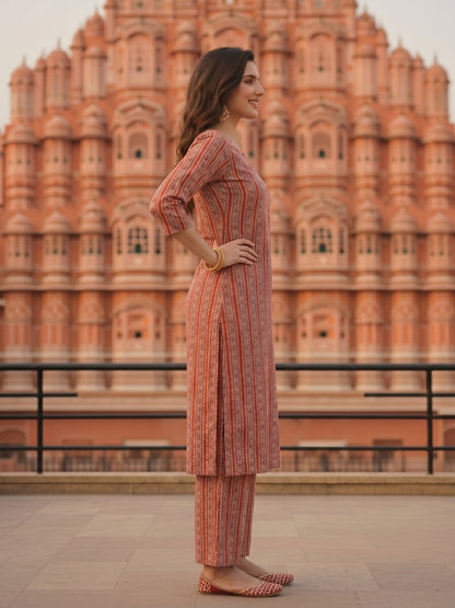 Peach Ethnic Border Printed Straight Kurta with Palazzo