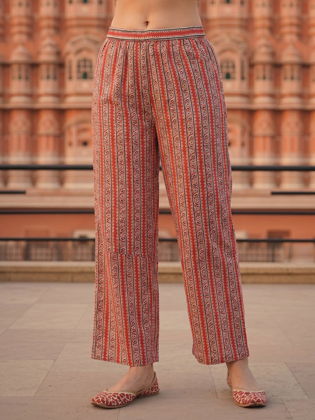Peach Ethnic Border Printed Straight Kurta with Palazzo