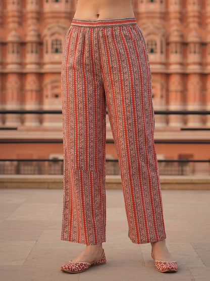 Peach Ethnic Border Printed Straight Kurta with Palazzo