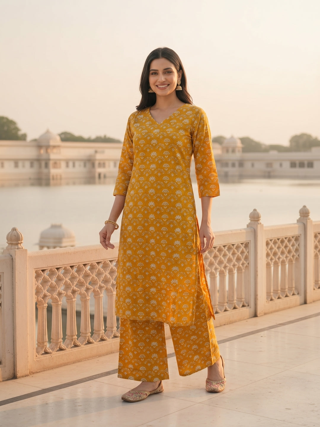 Jharokha Print Straight Kurta with Palazzo - Mustard