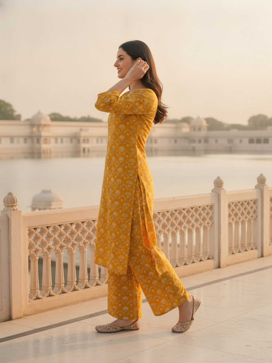Jharokha Print Straight Kurta with Palazzo - Mustard