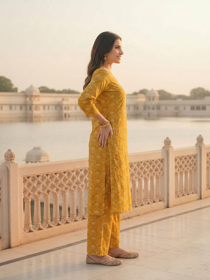 Jharokha Print Straight Kurta with Palazzo - Mustard