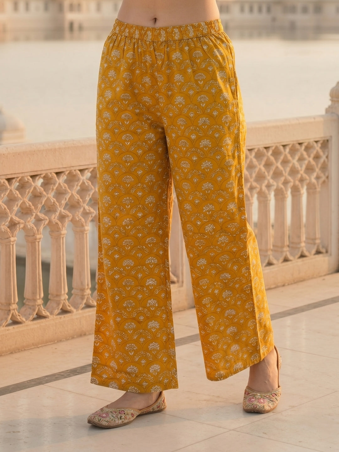 Jharokha Print Straight Kurta with Palazzo - Mustard