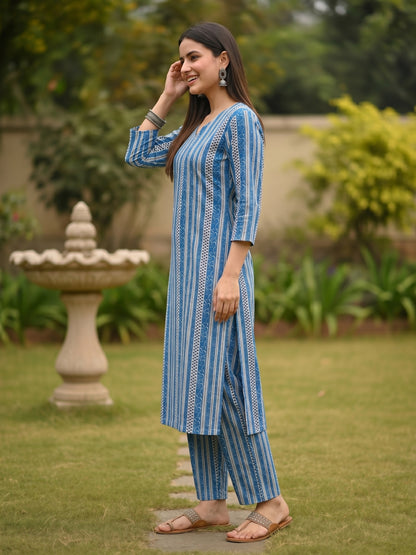 Navy Blue Ethnic Border Printed Straight Kurta with Palazzo