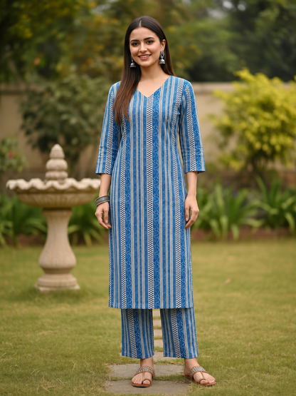 Navy Blue Ethnic Border Printed Straight Kurta with Palazzo