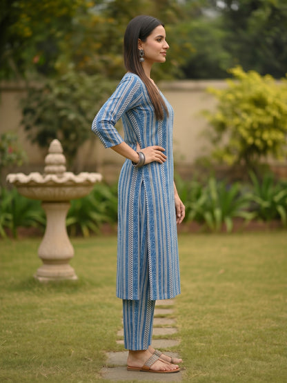 Navy Blue Ethnic Border Printed Straight Kurta with Palazzo