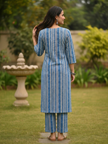 Navy Blue Ethnic Border Printed Straight Kurta with Palazzo