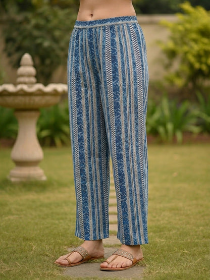 Navy Blue Ethnic Border Printed Straight Kurta with Palazzo