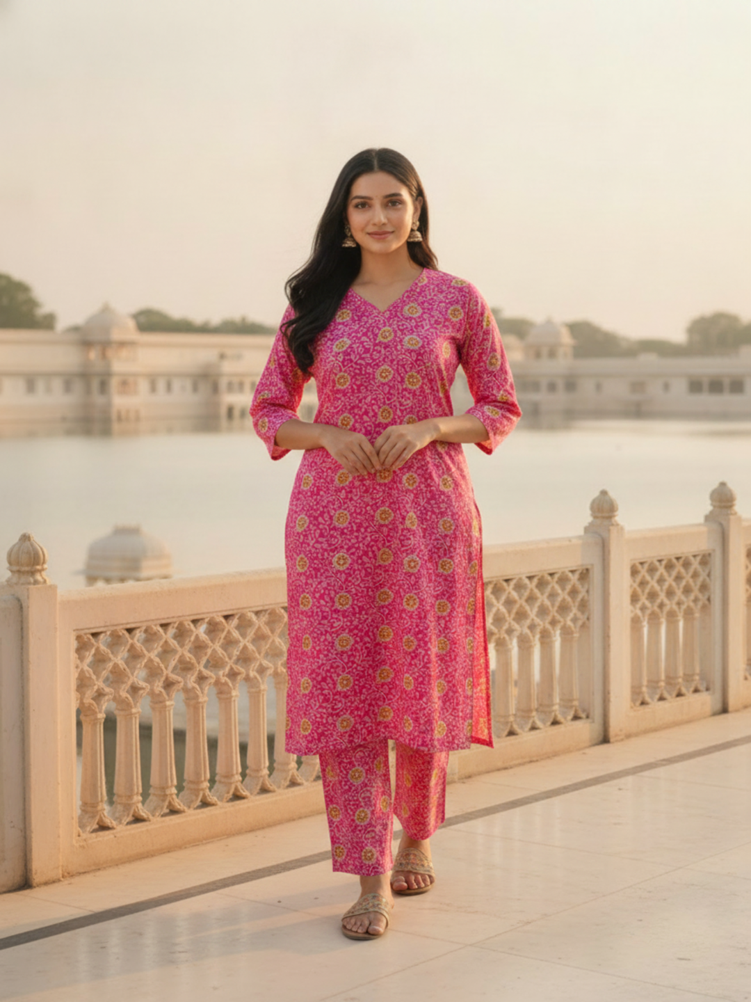 Pink Floral Printed Straight Kurta with Palazzo