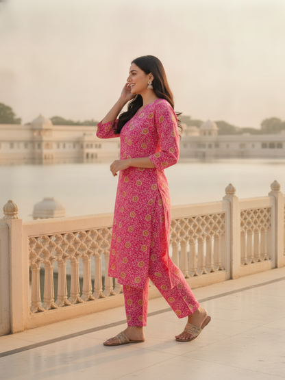 Pink Floral Printed Straight Kurta with Palazzo
