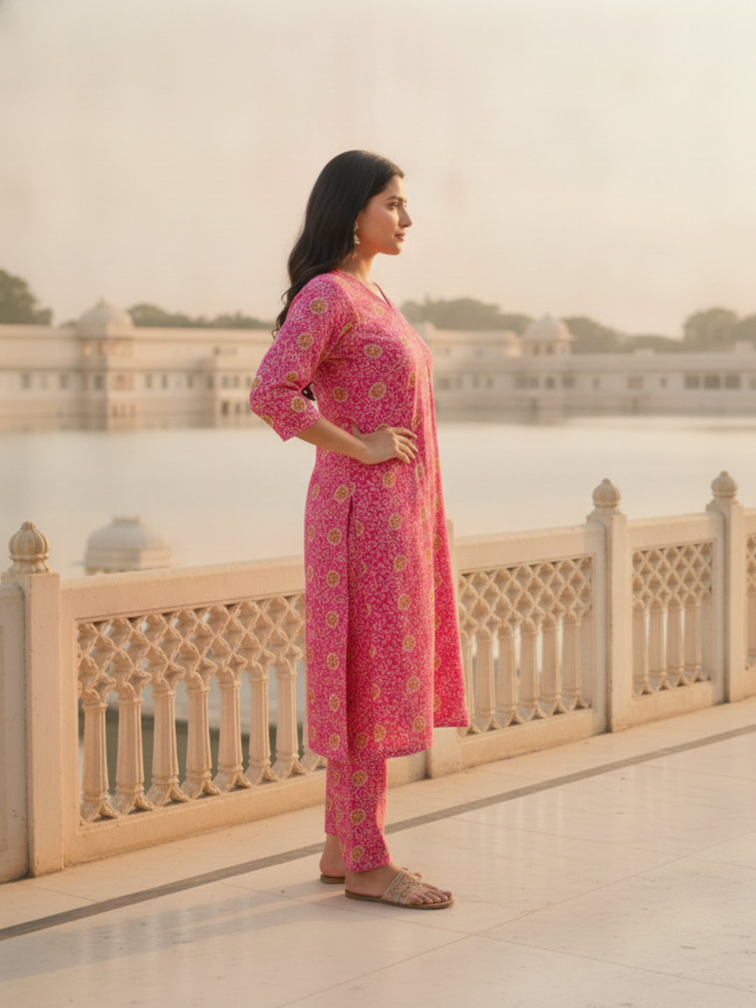 Pink Floral Printed Straight Kurta with Palazzo