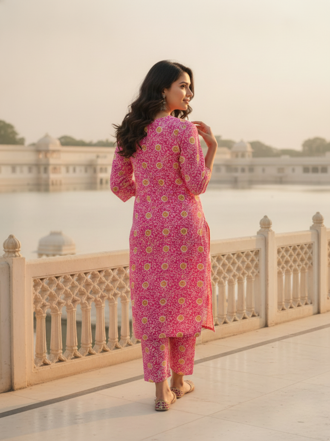 Pink Floral Printed Straight Kurta with Palazzo