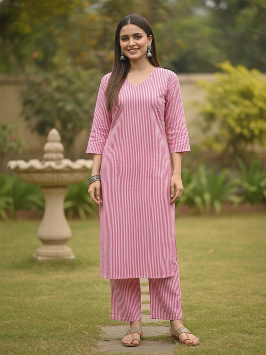 Pink Stripe Printed Straight Kurta with Palazzo