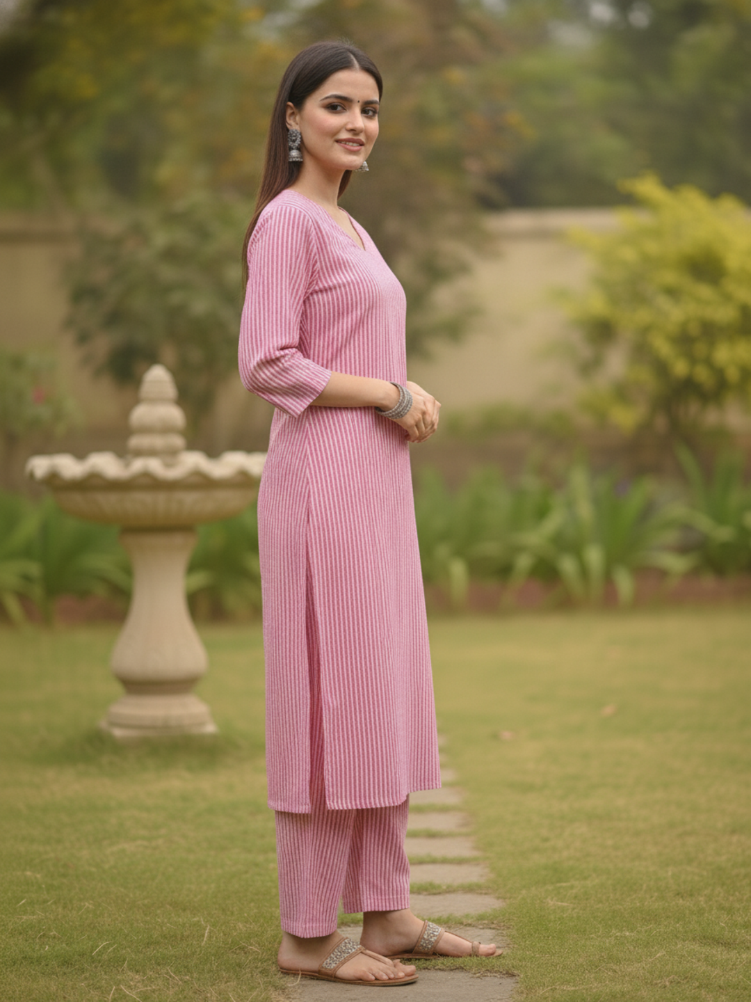 Pink Stripe Printed Straight Kurta with Palazzo