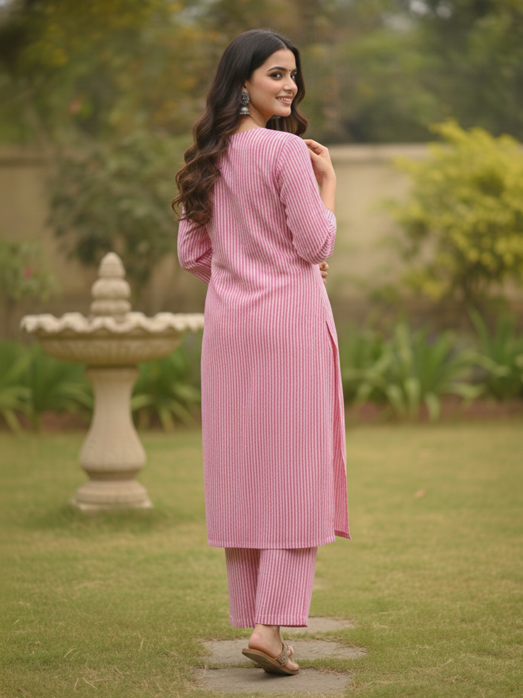 Pink Stripe Printed Straight Kurta with Palazzo
