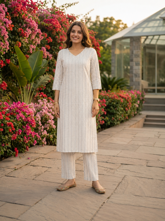 Grey Yarn-Dyed Striped Straight Kurta with Palazzo