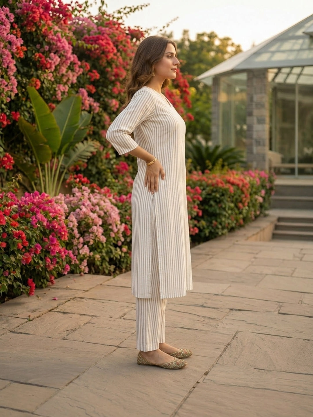 Grey Yarn-Dyed Striped Straight Kurta with Palazzo
