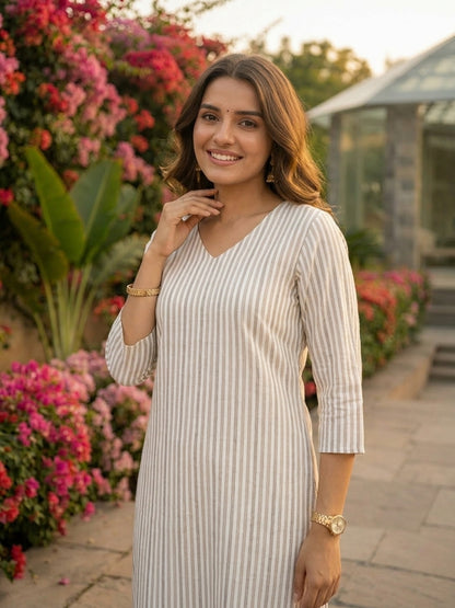 Grey Yarn-Dyed Striped Straight Kurta with Palazzo