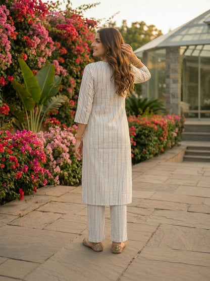 Grey Yarn-Dyed Striped Straight Kurta with Palazzo