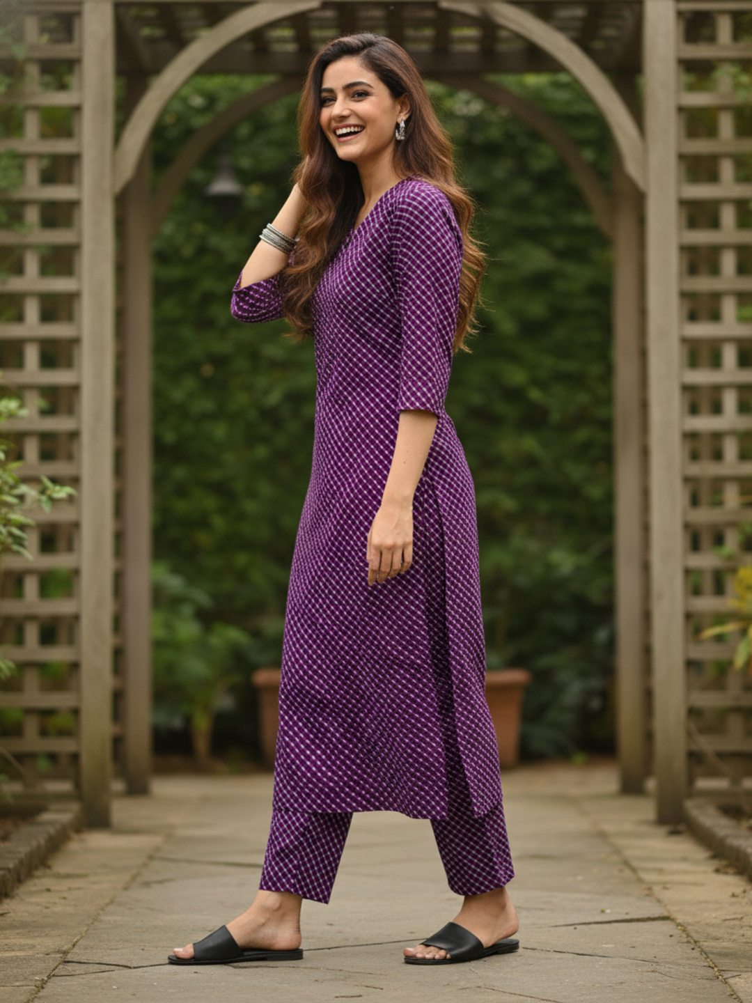 Purple Leheriya Printed Straight Kurta with Palazzo