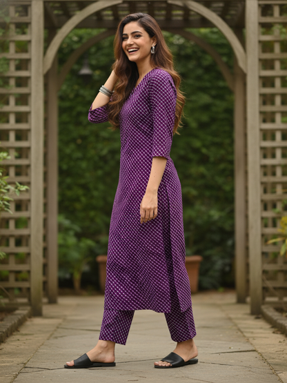 Purple Leheriya Printed Straight Kurta with Palazzo
