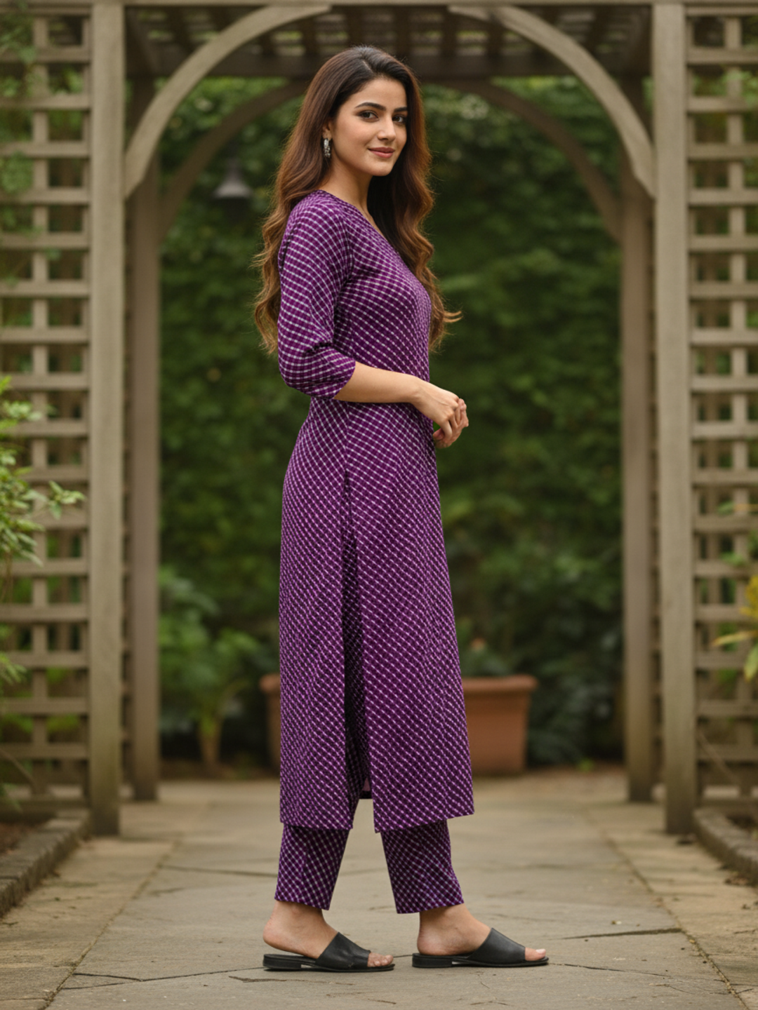 Purple Leheriya Printed Straight Kurta with Palazzo